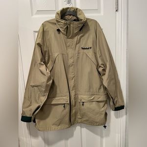 Timberland 2002 Weathergear Jacket Men XL Hooded Tan Pockets Logos Flawed